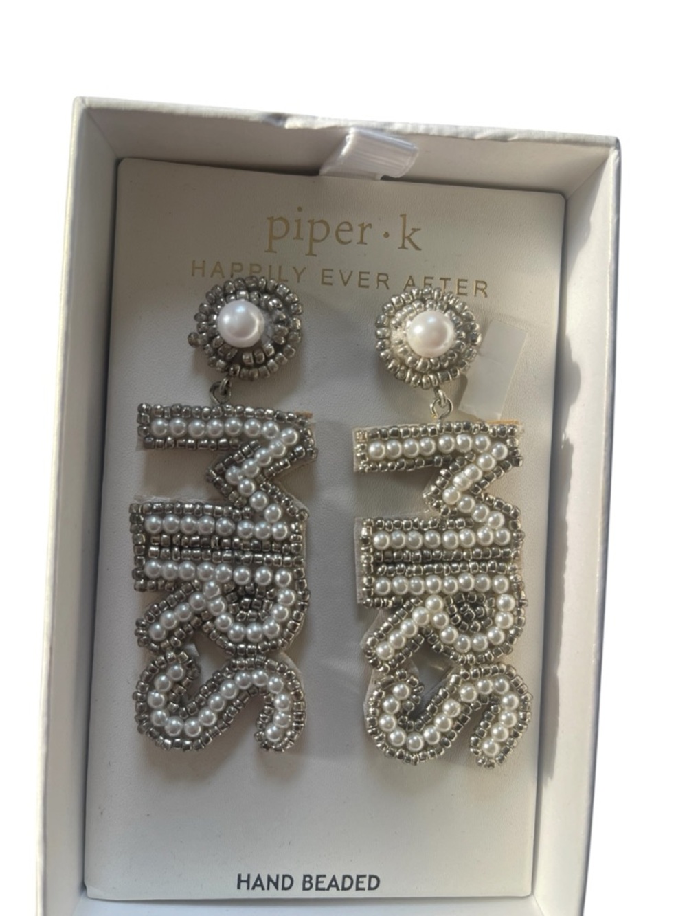 piper•k Silver Pearl 'Mrs' Hand-Beaded Drop Earrings - Picture 3 of 6